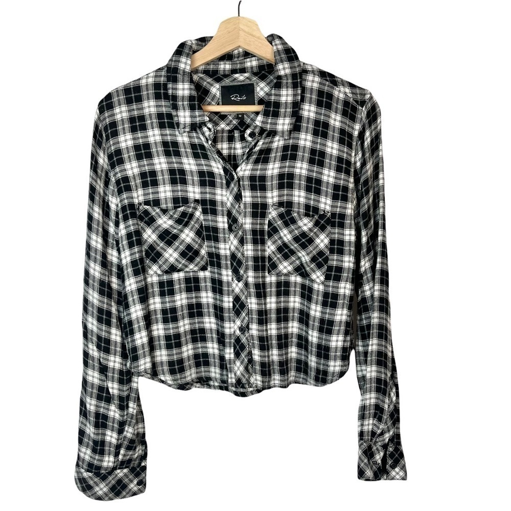 Rails Black & White Plaid Cropped Flannel Button Down Long Sleeve M
